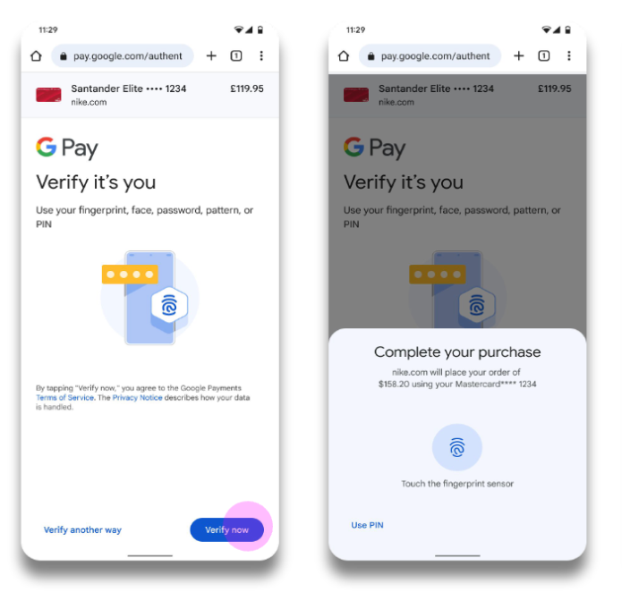 Google SPA biometric authentication screen